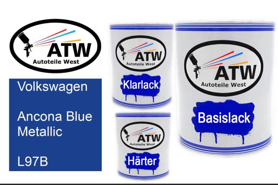 Volkswagen, Ancona Blue Metallic, L97B: 1L Lackdose + 1L Klarlack + 500ml Härter - Set, von ATW Autoteile West.